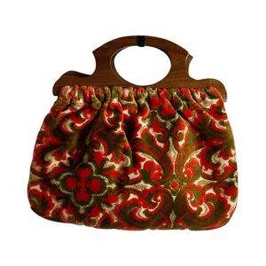 Vintage Velour 70s Wood Handle Handbag New